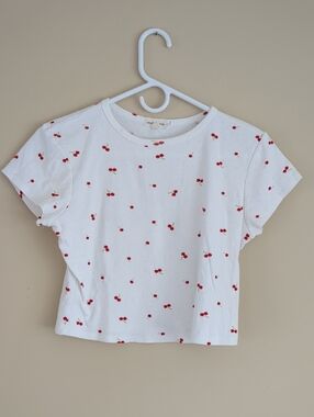 Large Heart & Hips White Cherry Print Cotton Crop Top Shirt